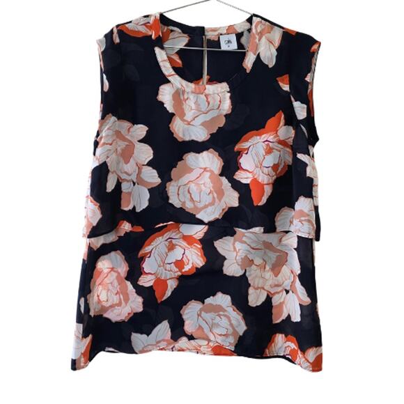 Cabi Floral Sleeveless Layered Top Navy Peach Print Womens Size M Lightweight - Picture 1 of 13
